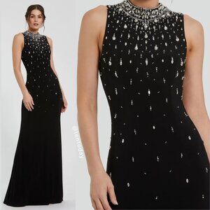 Mac‎ Duggal Size 2 Black Jersey Knit Jeweled Sleeveless Long Maxi Dress Gown